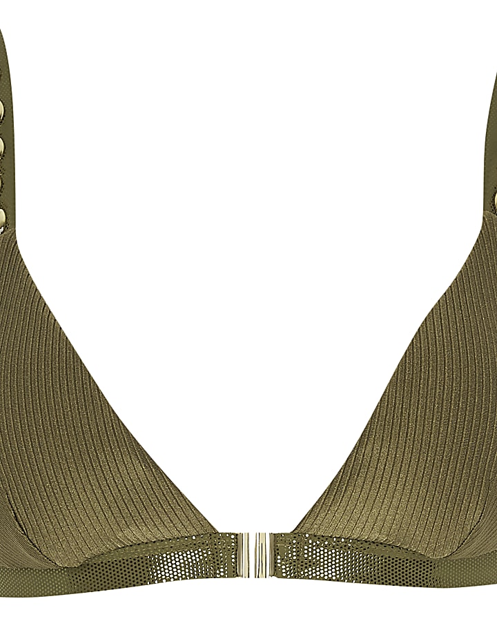 Khaki shell embellish triangle bikini top