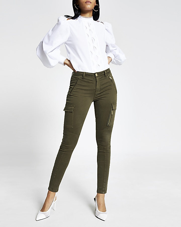 Khaki utility zip front skinny trousers