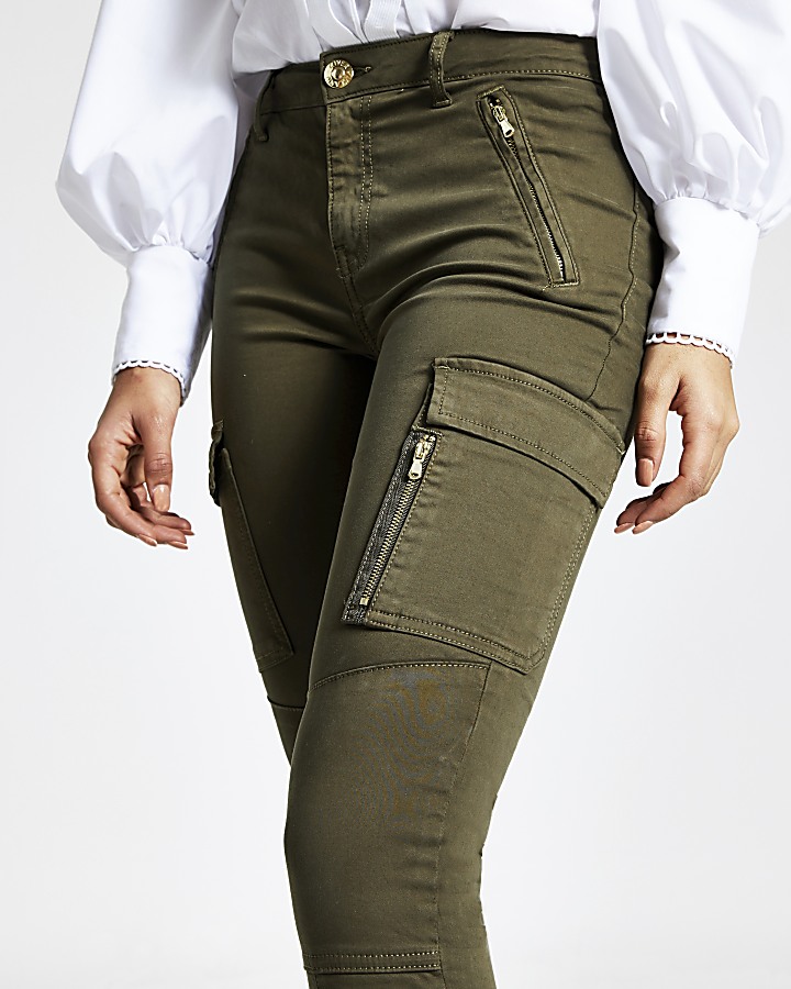 Khaki utility zip front skinny trousers