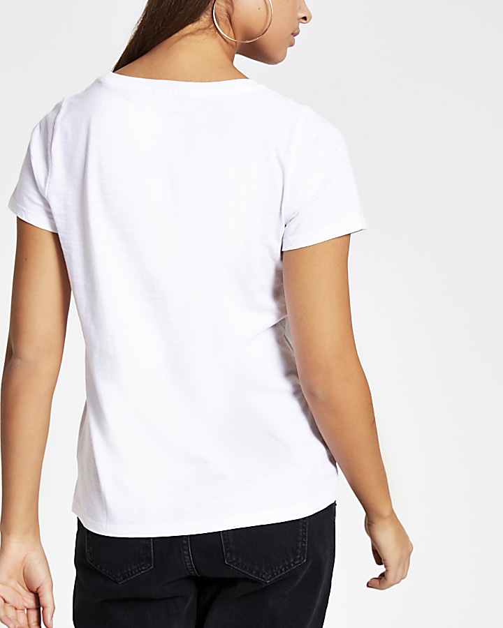 White RI diamante button short sleeve T-shirt