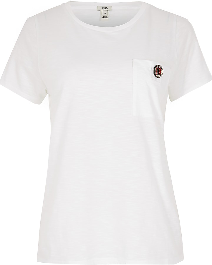 White RI diamante button short sleeve T-shirt