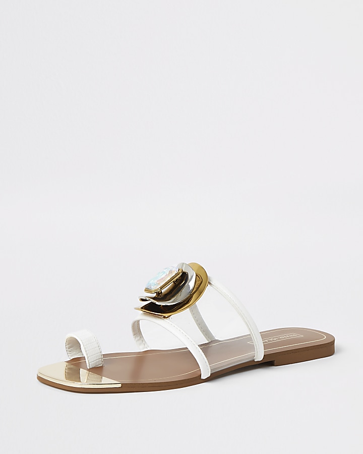 White jewel embellished toe loops sandals
