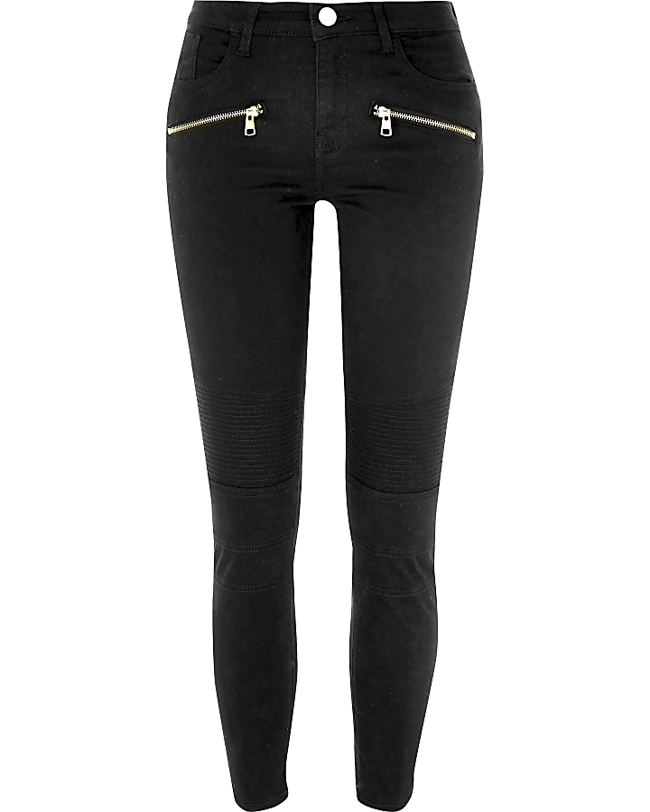 Black skinny zip front biker denim jeans