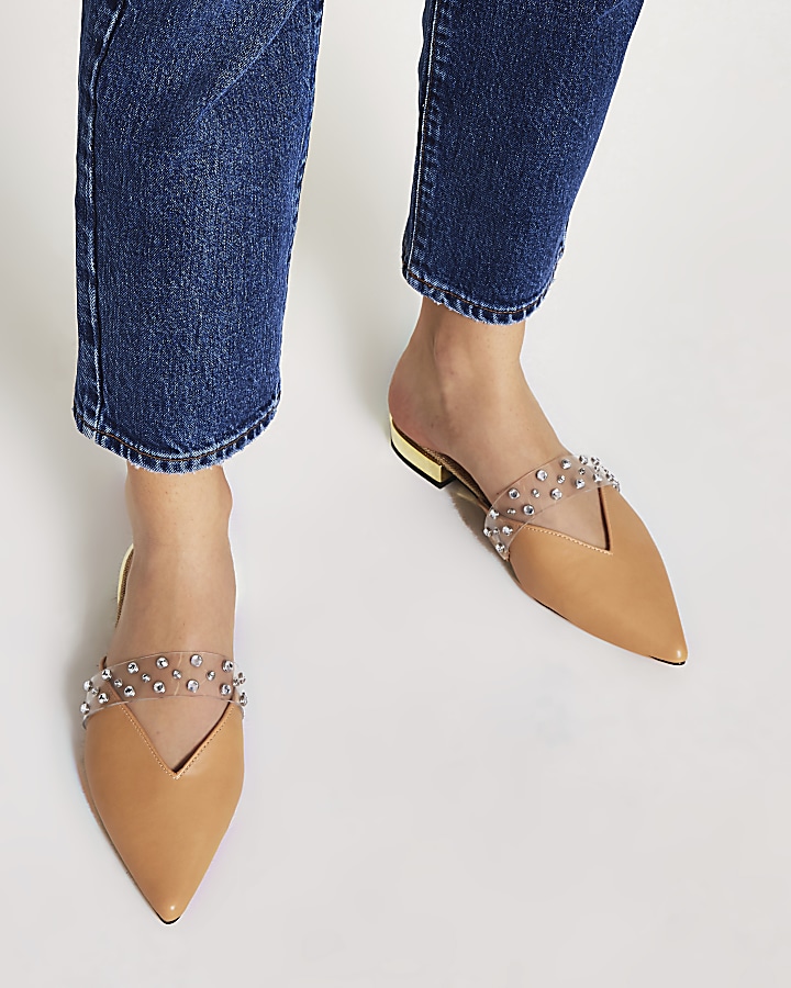 Beige diamante pointed toe shoes