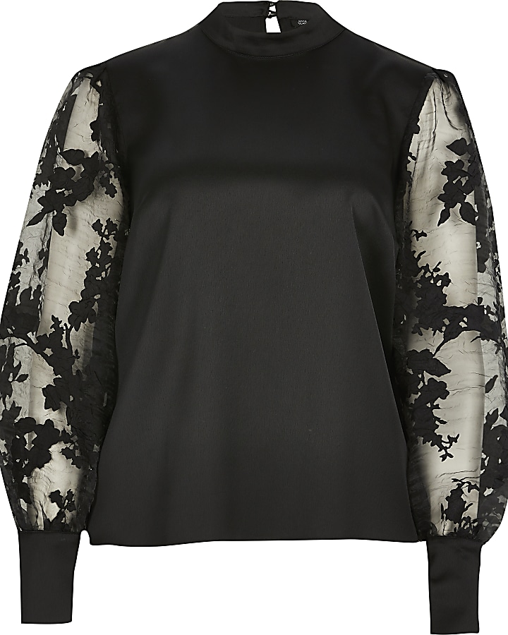 Black printed organza puff sleeve blouse