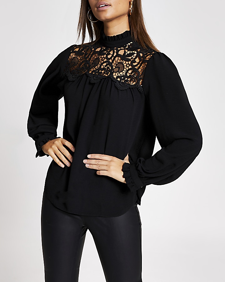 Black lace frill neck blouse
