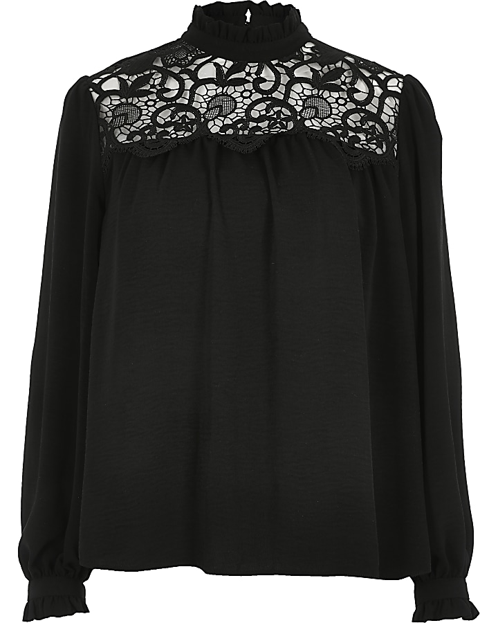 Black lace frill neck blouse
