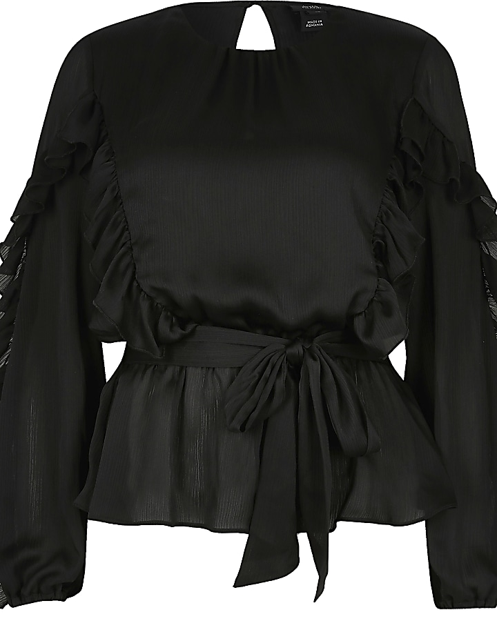 Black long sleeve tie belted frill blouse