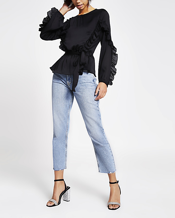 Black long sleeve tie belted frill blouse