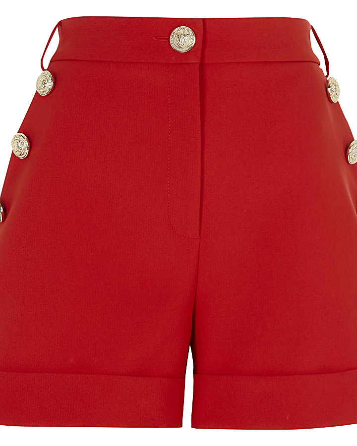 Red crested button high rise shorts