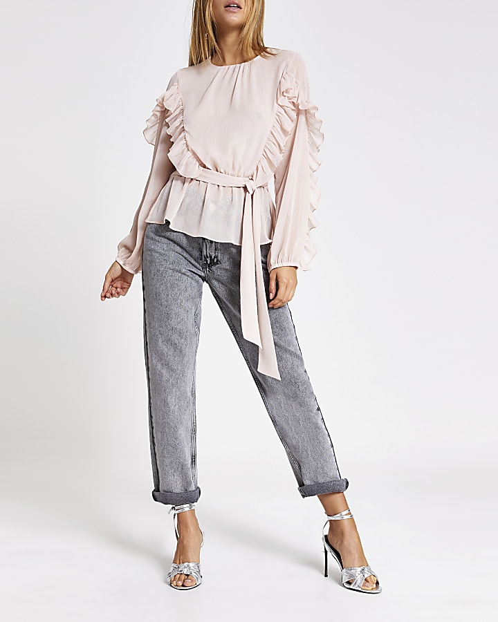 Pink long sleeve tie belted frill blouse