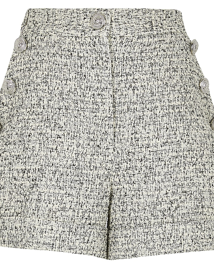 White boucle button front shorts