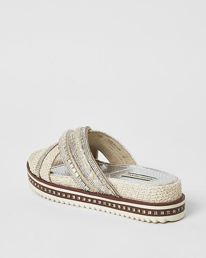 White embellish cross strap flatform sandals