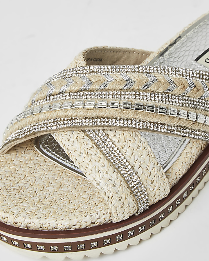 White embellish cross strap flatform sandals