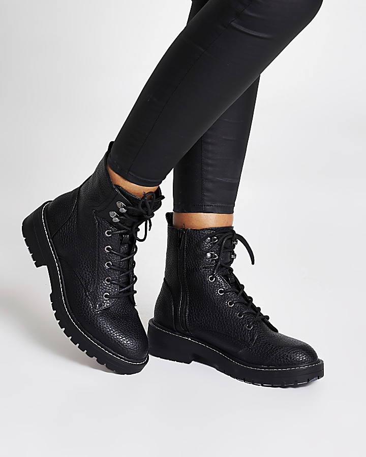 Black chunky wide fit lace-up hiking boots