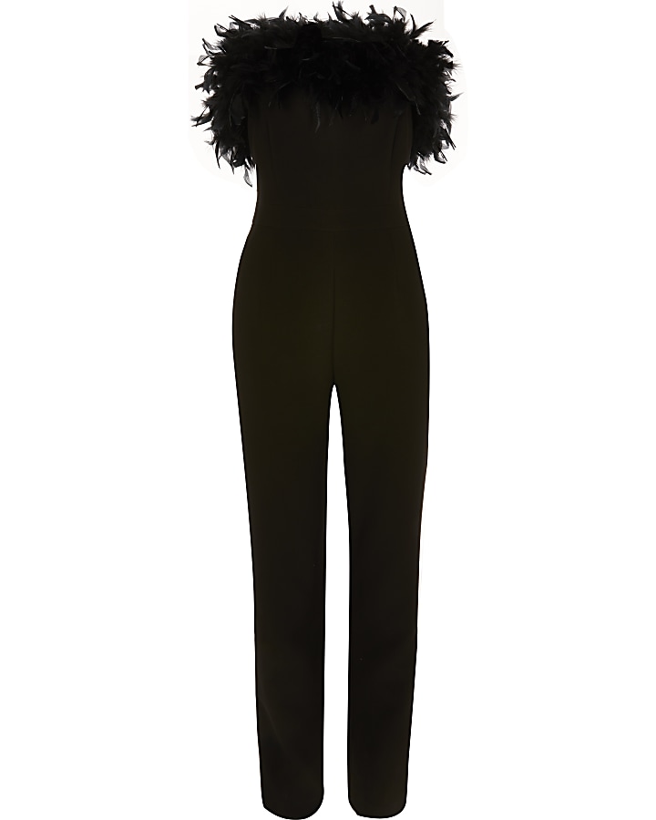 Black feather bandeau jumpsuit