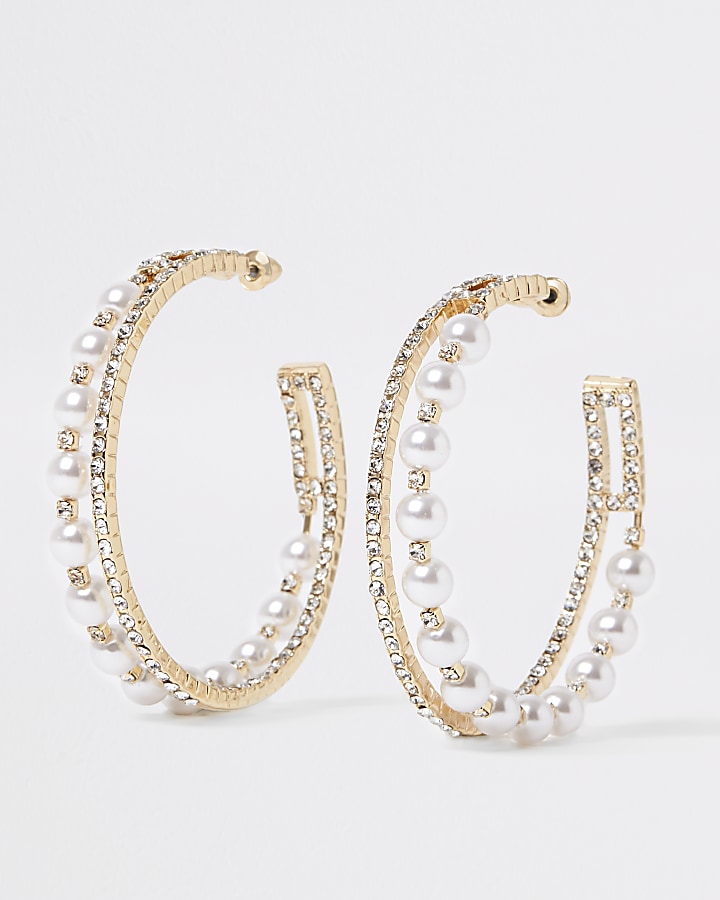 Gold colour embellished layered hoop earrings