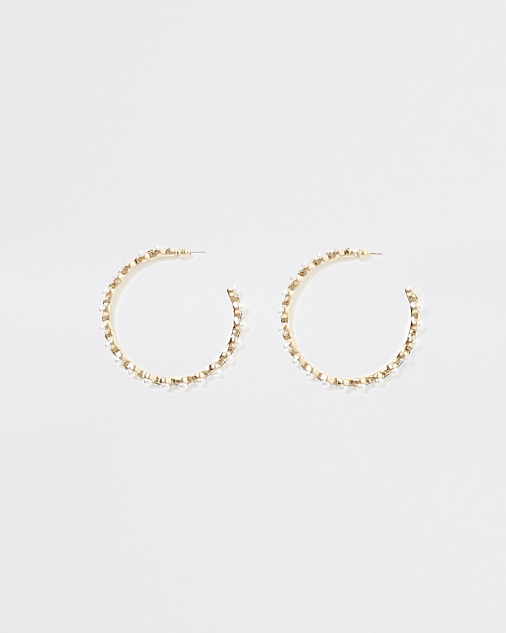 Gold colour pearl and diamante hoop earrings