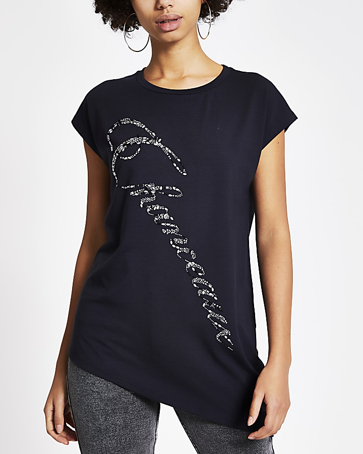 Navy 'Chanceaux' embellished T-shirt