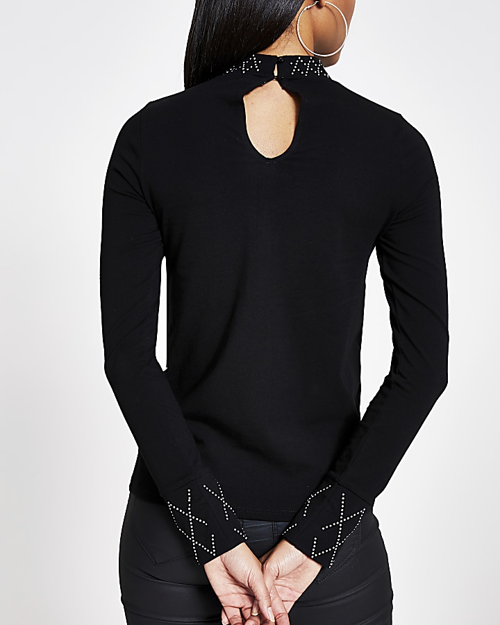 Black 'Unique' embellished high neck top
