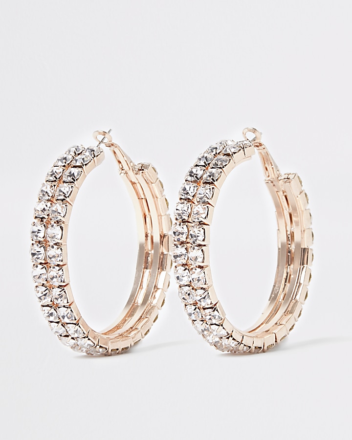 Rose gold colour diamante hoop earrings
