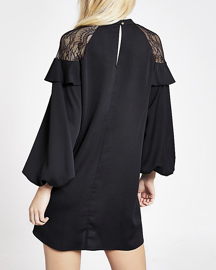 Black lace frill shoulder mini swing dress