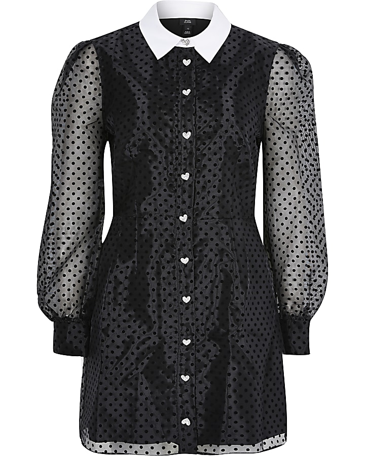Black polka dot organza mini shirt dress