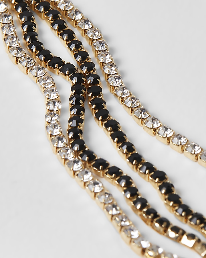 Gold diamante and black layered Y necklace