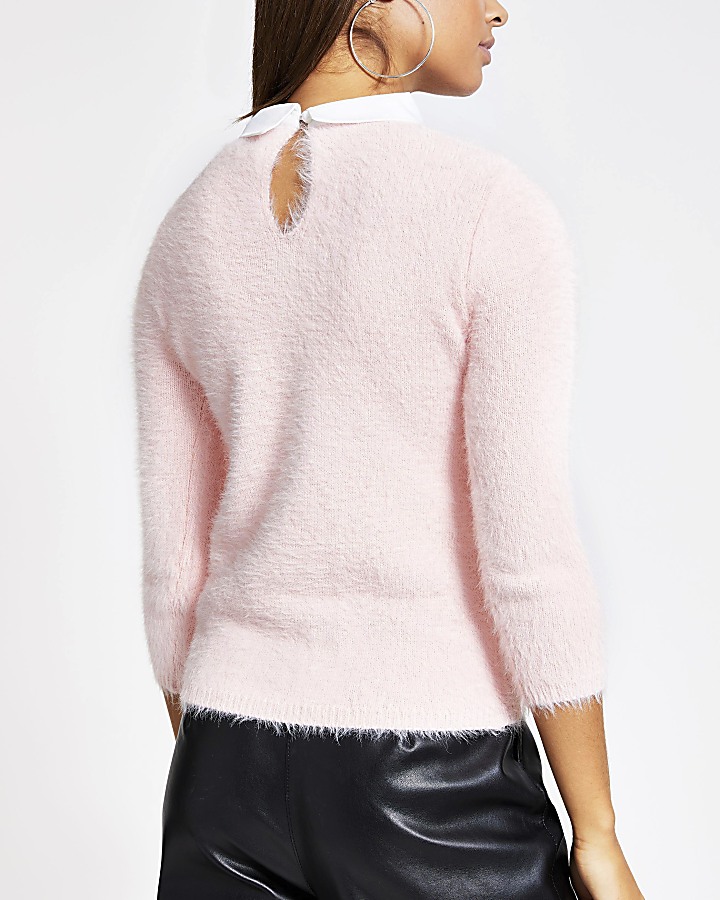 Pink embellished collar fluffy knit jumper