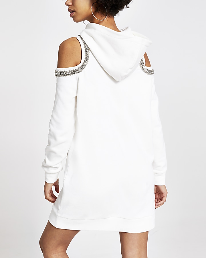Cream embellished cold shoulder hoodie dress