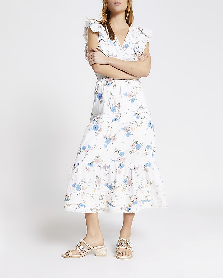 White floral frill embroidered midi dress