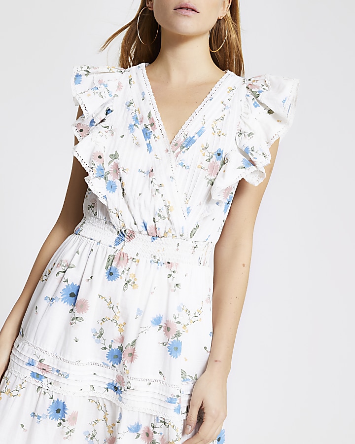 White floral frill embroidered midi dress