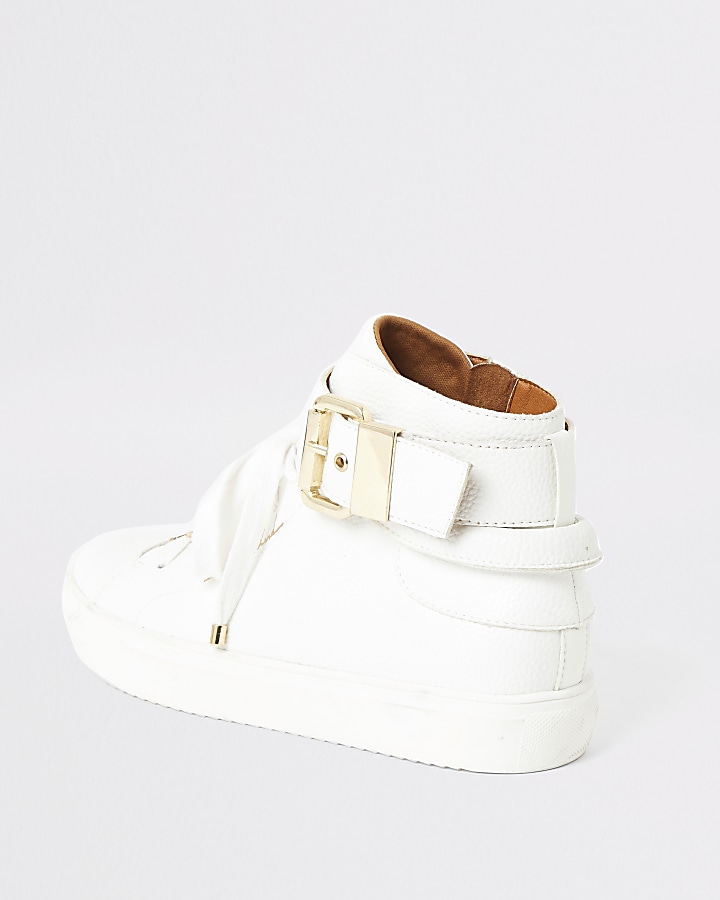 White buckle strap high top trainers