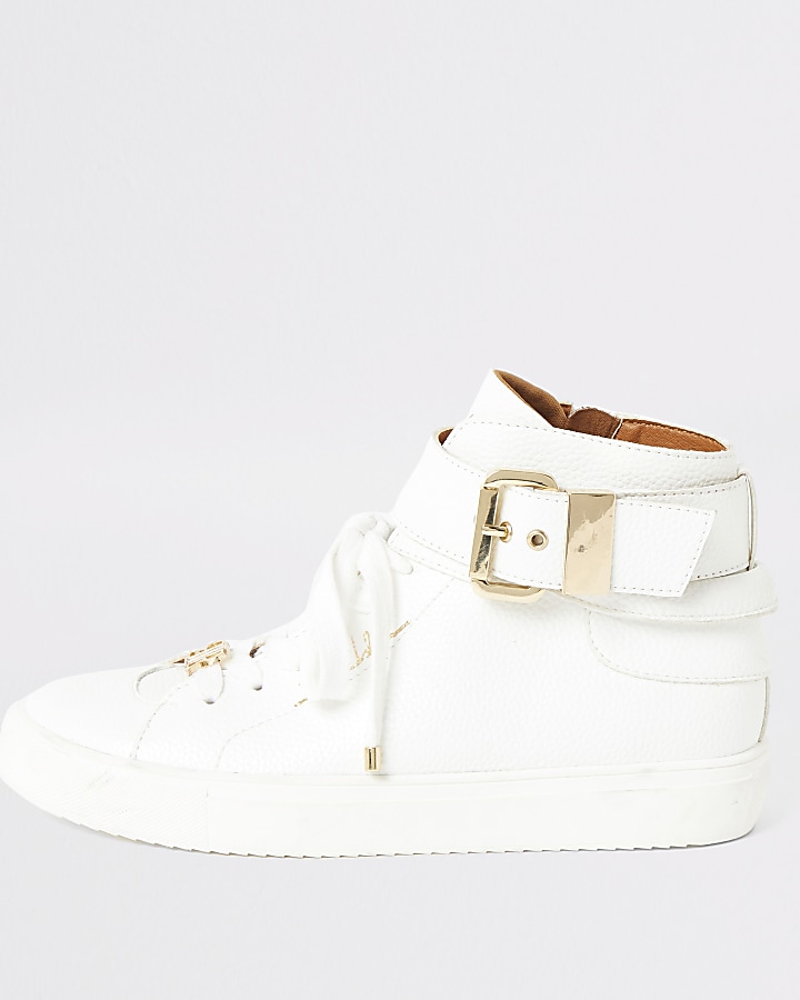 White buckle strap high top trainers