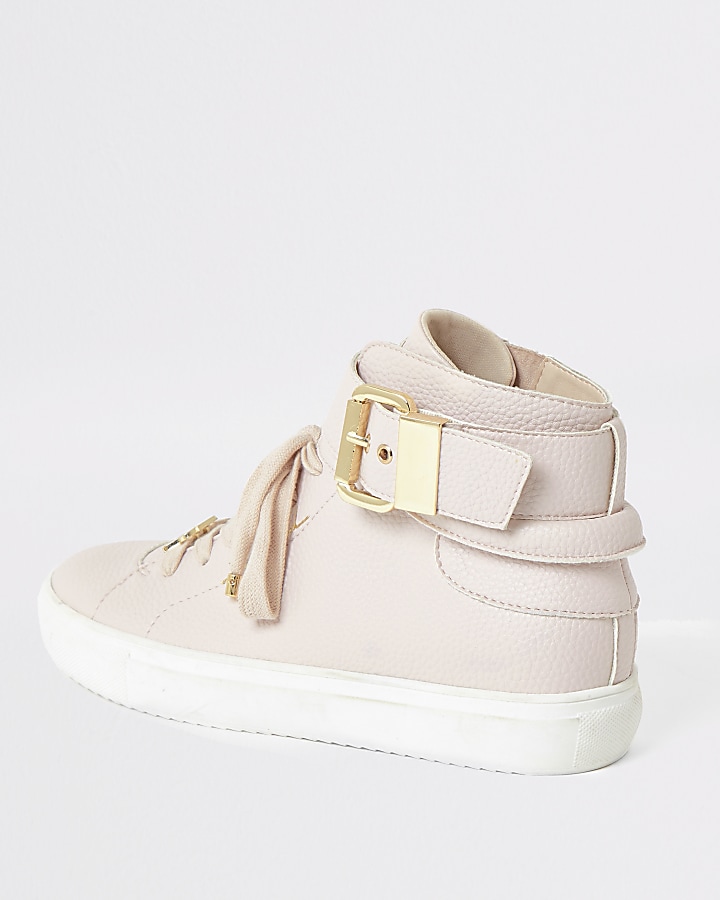 Pink buckle strap high top trainers