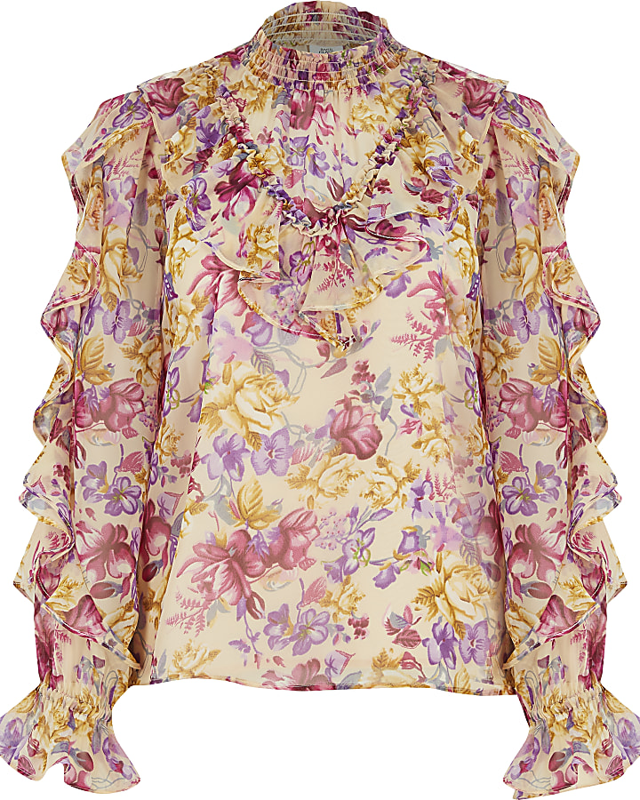 Pink floral frill long sleeve blouse