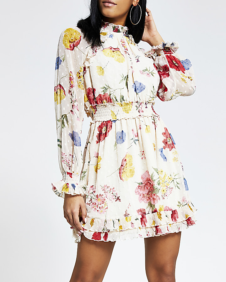 Pink floral long sleeve waisted mini dress
