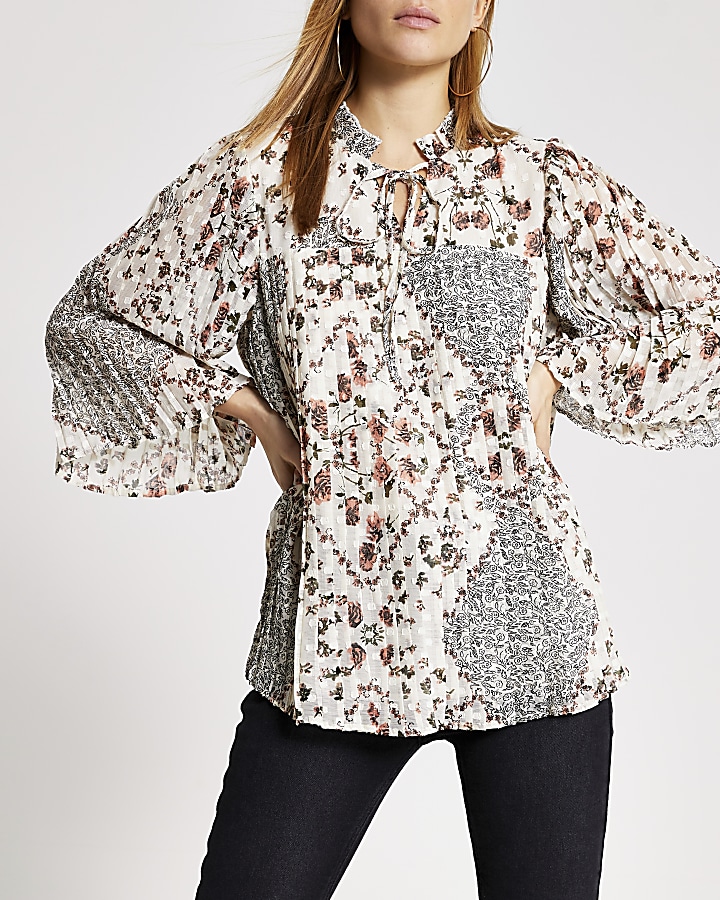 Cream floral pleated long sleeve smock top