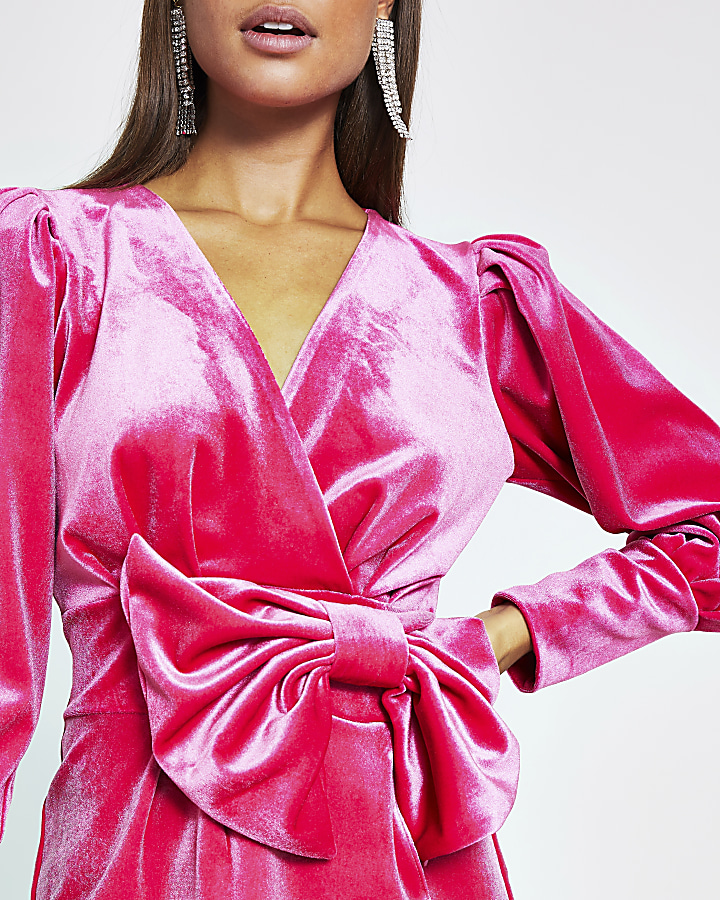 Pink velvet bow front blouse