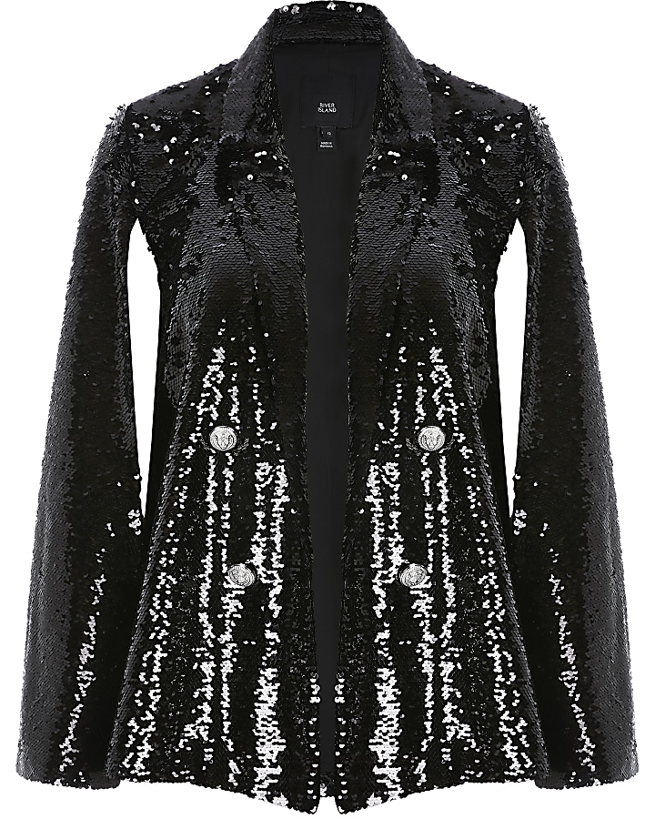 Black sequin button front cape blazer