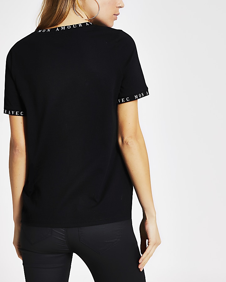 Black 'Amour' printed trim T-shirt