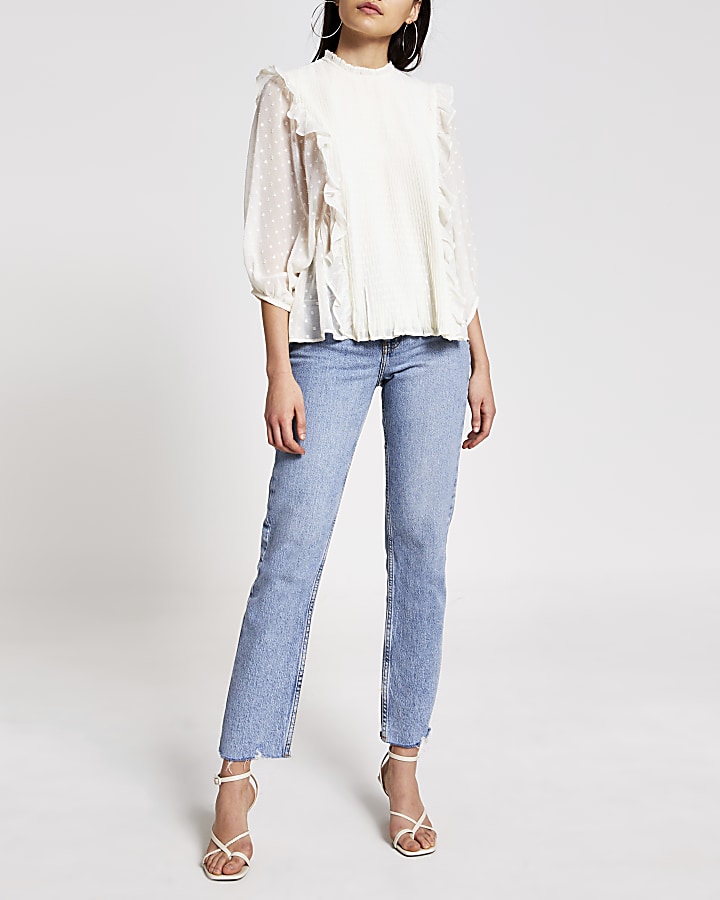 Cream pleated frill long sleeve blouse