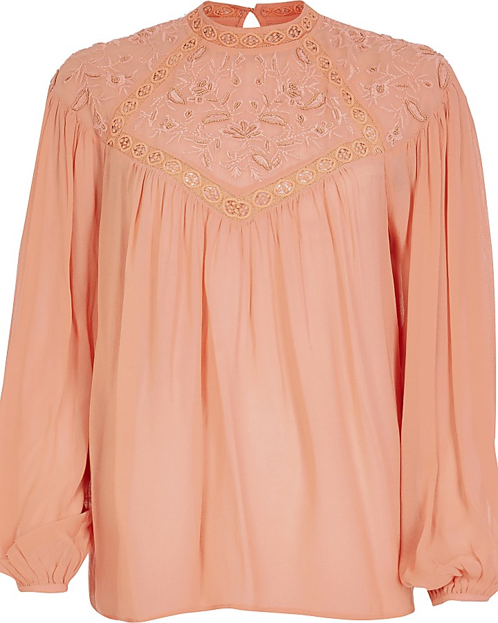 Coral embroidered high neck blouse