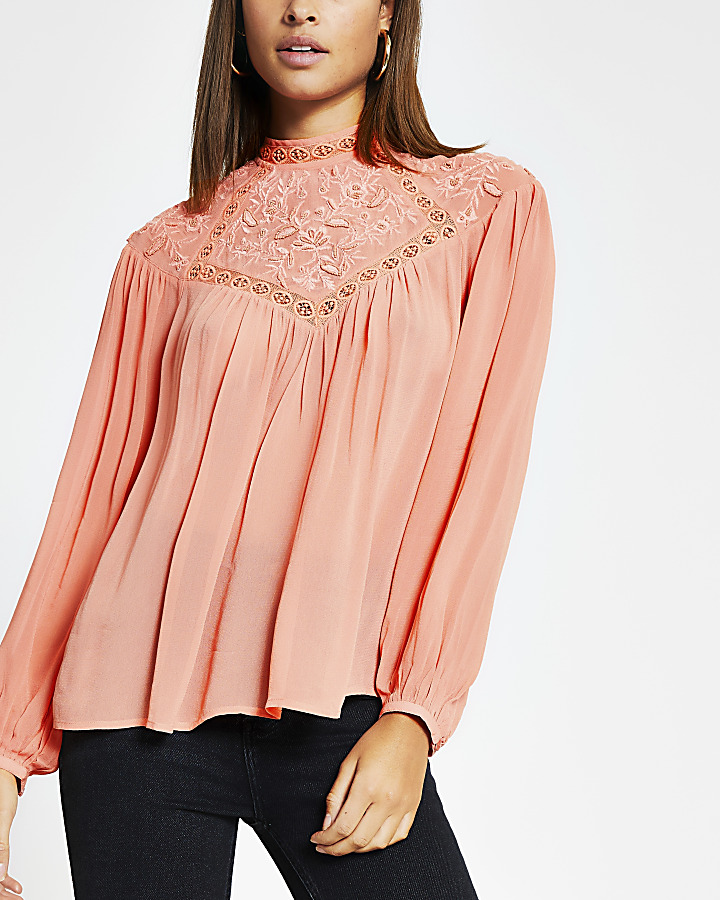 Coral embroidered high neck blouse
