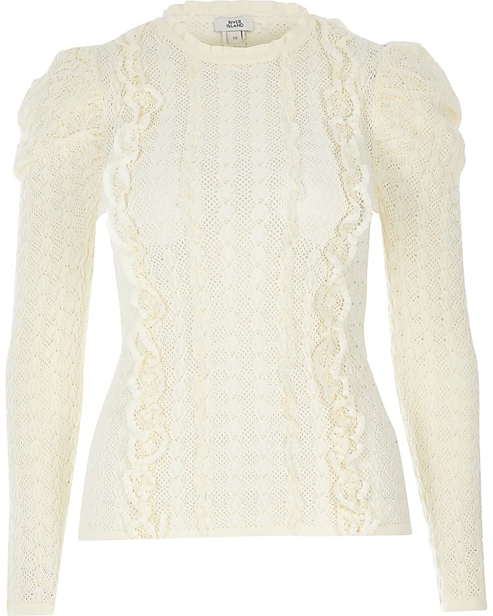 Ecru frill front puff sleeve knitted top
