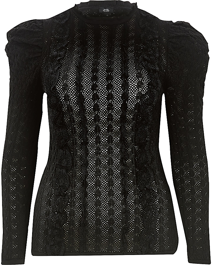 Black frill front puff sleeve knitted top