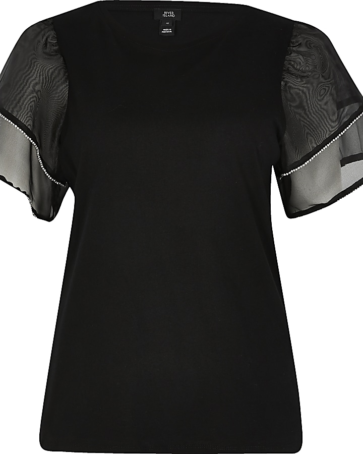 Black organza frill diamante sleeve T-shirt