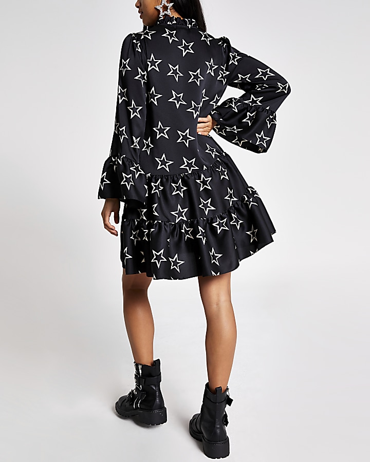 Petite black star printed mini smock dress