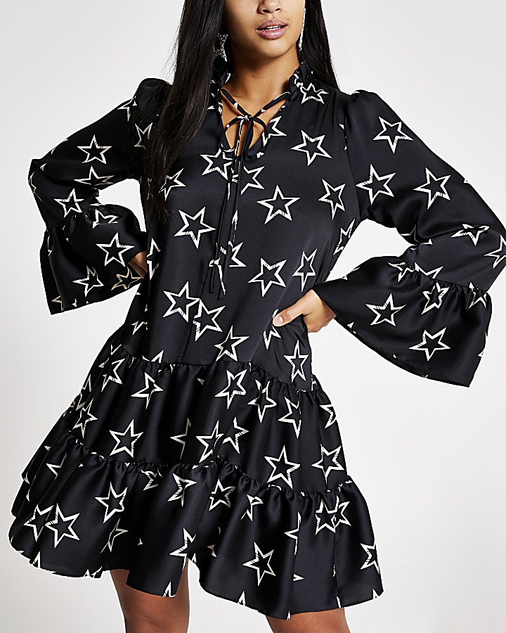 Petite black star printed mini smock dress