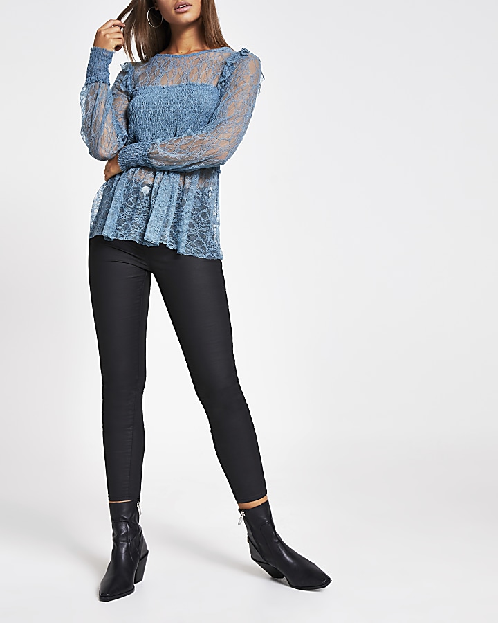 Blue shirred long sleeve lace top